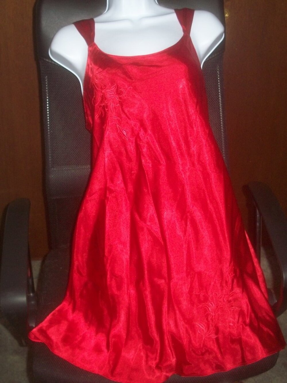womens red satin chemise.lingerie.embroidered bling on front. size medium